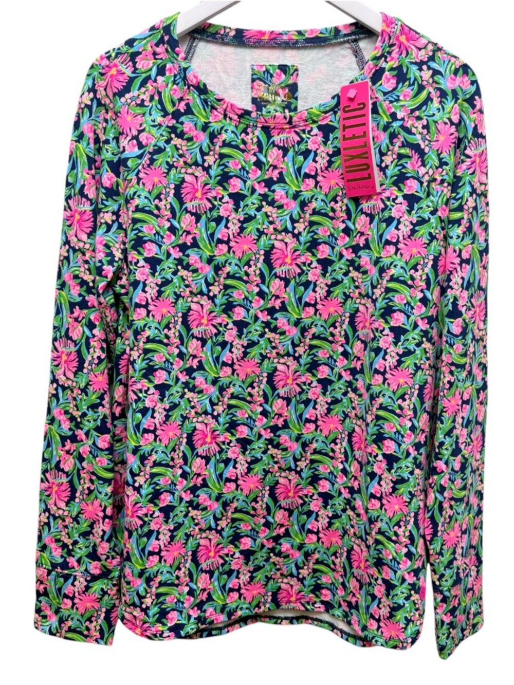 LILLY PULITZER Luxletic Pullover Top Large Pink Navy Floral Sweatshirt Preppy NW